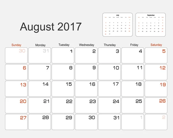 Calendário agosto 2017 — Vetor de Stock