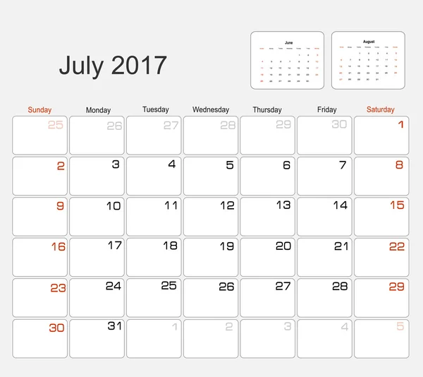 Calendário Julho 2017 — Vetor de Stock