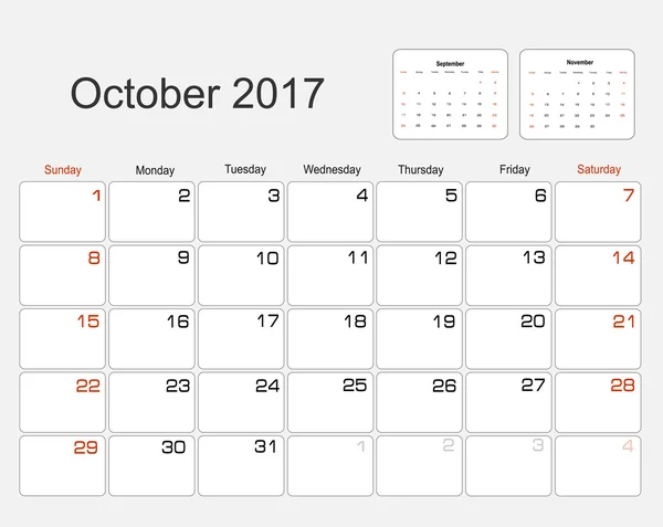 Calendario ottobre 2017 — Vettoriale Stock