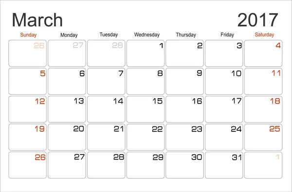 Planning Calendar March 2017 — 스톡 벡터