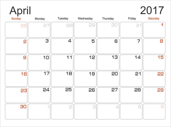 Calendario de planificación abril 2017 — Vector de stock