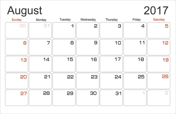 Planejamento Calendário agosto 2017 — Vetor de Stock