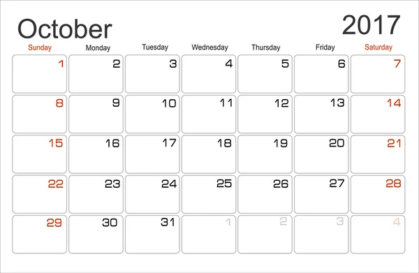 Planning Calendar October 2017 — 스톡 벡터