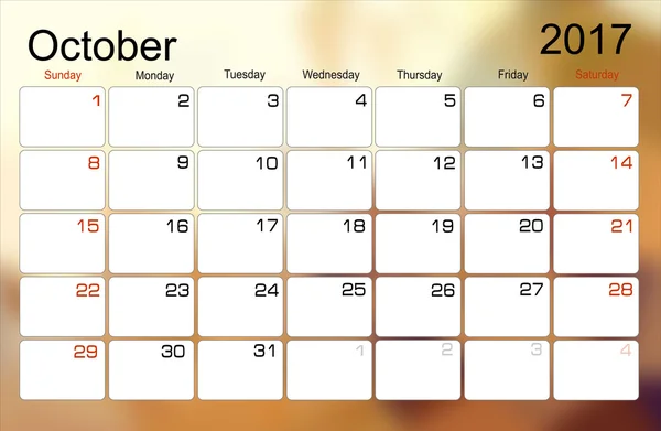 Calendario octubre 2017 — Archivo Imágenes Vectoriales