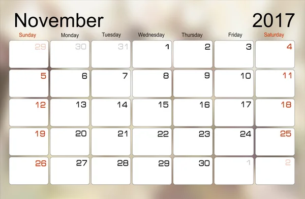 Calendário novembro 2017 — Vetor de Stock