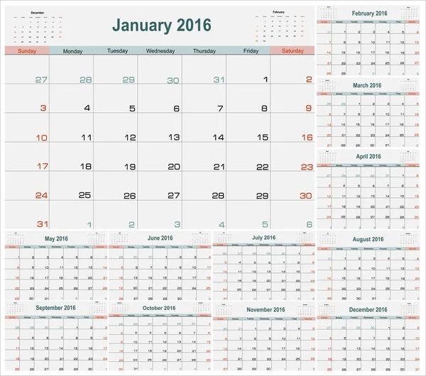 Календарь Январь 2016 — стоковый вектор