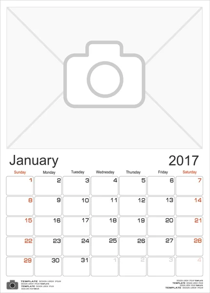 Calendario mensual de pared para enero de 2017 — Archivo Imágenes Vectoriales