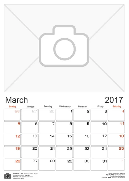 Calendario mensual de pared para marzo de 2017 — Vector de stock