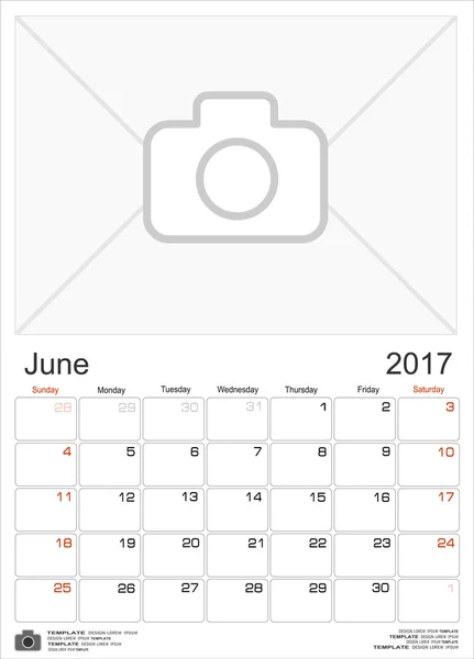 Calendarul lunar de perete pentru iunie 2017 — Vector de stoc