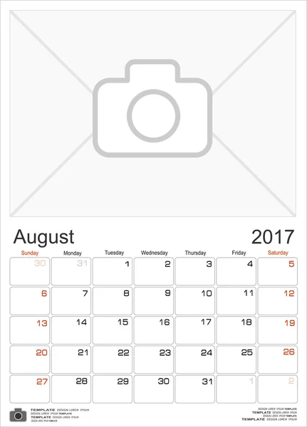 Calendário mensal de parede para agosto de 2017 — Vetor de Stock