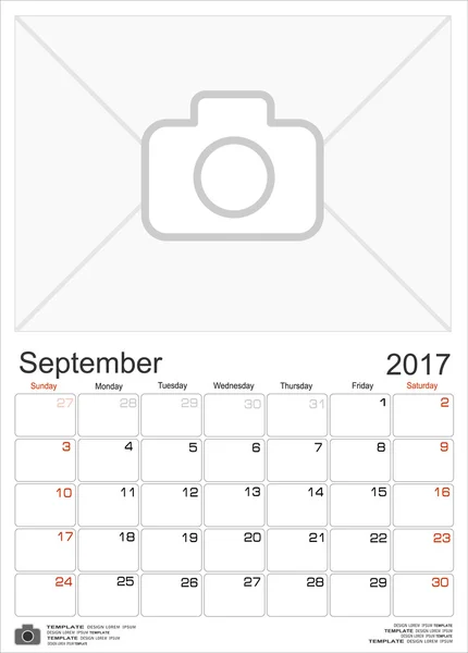 Calendrier mensuel mural pour septembre 2017 — Image vectorielle