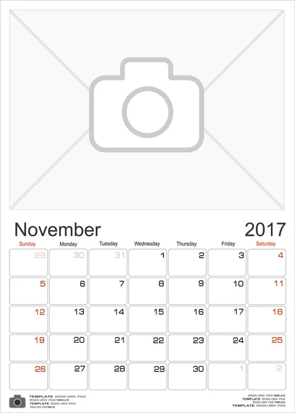 Calendrier mensuel mural pour novembre 2017 — Image vectorielle