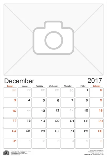 Calendário mensal de parede para dezembro de 2017 — Vetor de Stock