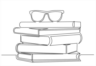 Kabartma vektör illüstrasyonlu kitapların üzerine gözlük. Bir çizgi vektör çizimi ve bir gözlük. Siyah beyaz el çizimi resim.