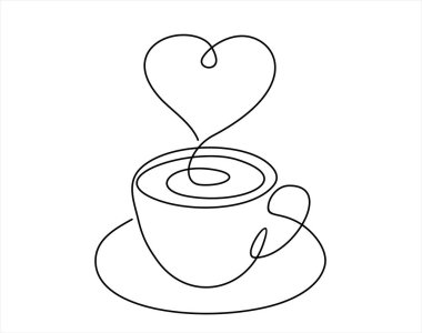 Beyaz arka planda izole edilmiş kalp sembolüyle süslenmiş bir fincan kahve ile çizilmiş kesintisiz tek bir el çizgisi..