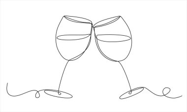 Tek bir el çizgisi ve beyaz arka planda izole edilmiş iki kadeh şarap..