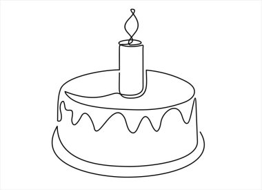 Sürekli doğum günü pastası çizimi. Kremalı pasta ve mum. Beyaz arka planda izole edilmiş doğum günü kutlaması konsepti. El çizimi tasarım vektör çizimi