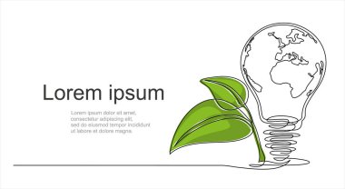Ampul ve büyüyen filizler olarak Dünya gezegeninin sürekli çizimi. Dünya gezegeni tohum eko doğal konsept. Alıntı şablonlu ilüzyon. Logo, amblem, slayt gösterisi ve afiş için kullanılabilir.