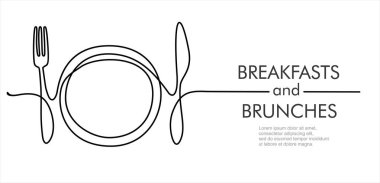 Sürekli tek satır sanat ya da Tabak, bıçak ve çatal çizimi. Restoran konsepti el çizimi çizimi çizimi çizimi çizim çizimi. Kafe, dükkan veya yemek dağıtım hizmeti için çizim vektörü çizimi.