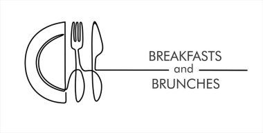 Devamlı tek satır sanat ya da Tabak, bıçak ve çatal çizimi. Restoran konsepti el çizimi çizimi çizimi çizimi çizim çizimi. Kafe, dükkan veya yemek dağıtım hizmeti için çizim vektörü çizimi.