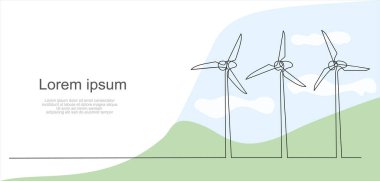 Rüzgar enerjisi aralıksız çizim tarzında. Rüzgar türbinleri elektrik üretiyor. Yenilenebilir güç kaynağı. Siyah doğrusal tasarım beyaz arkaplanda izole edildi