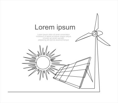 Rüzgar türbinlerinin ve güneş panellerinin sürekli çizdiği bir çizgi. Alternatif enerji kaynakları (rüzgar, güneş), el çizimi skeç.