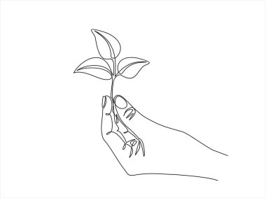 Continuous one line drawing of back to nature theme with hand holding a plant. Concept of growing and love earth.