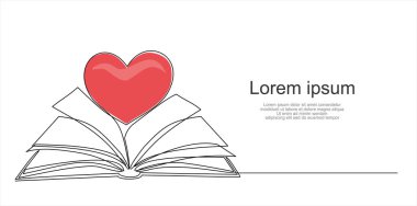 Açık kitap ve kalp, kesintisiz çizgi vektör çizimi. Bir kitap ve kalbin bir satır vektör çizimi, okuma aşkı kavramı. Siyah beyaz el çizimi resim.