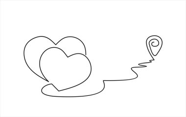 Kalpler haritada bir çizgi sanat, el çizimi durak noktası romantik sembollü sürekli hat, yön GPS navigasyon konsepti. İzole edilmiş. Vektör.