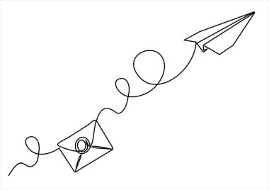 E- posta iletisinin aralıksız tek satır çizimi. Posta postası. Resim taslağı çizimi. Bir satır kağıt uçak ve zarf..