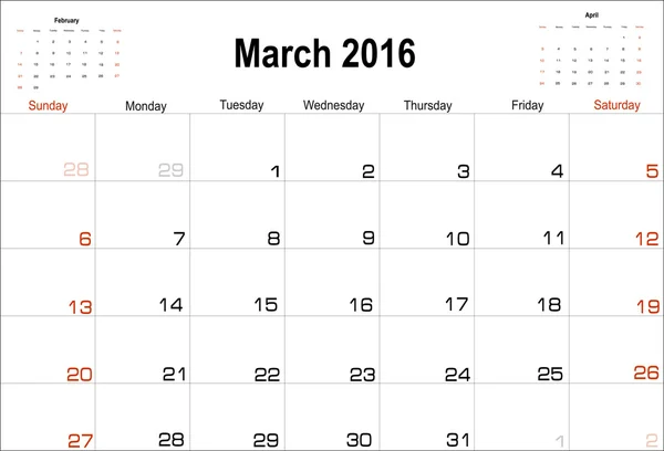 Calendario de marzo 2016 Planificador — Vector de stock