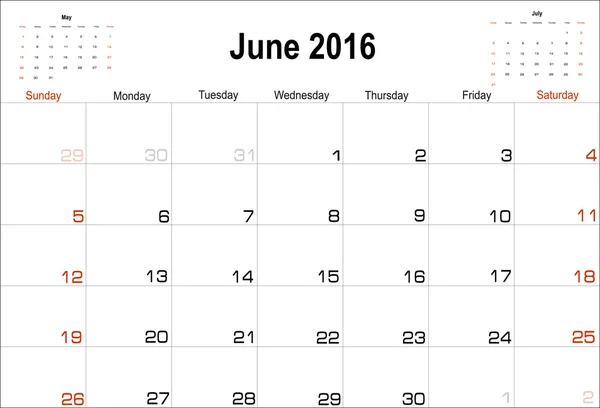 Planificador de calendario de junio 2016 — Vector de stock