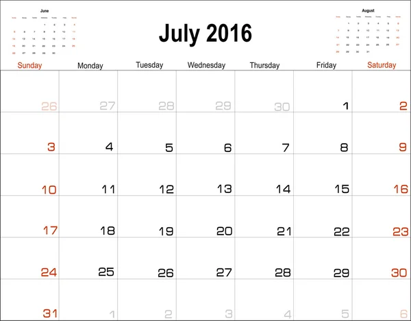 Calendario de julio 2016 Planificador — Vector de stock