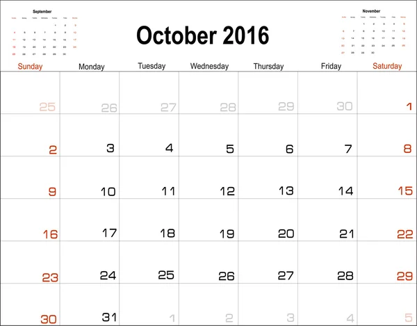 Calendrier d'octobre Planificateur 2016 — Image vectorielle