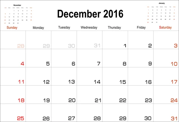 Aralık planlayıcısı 2016 takvimi — Stok Vektör