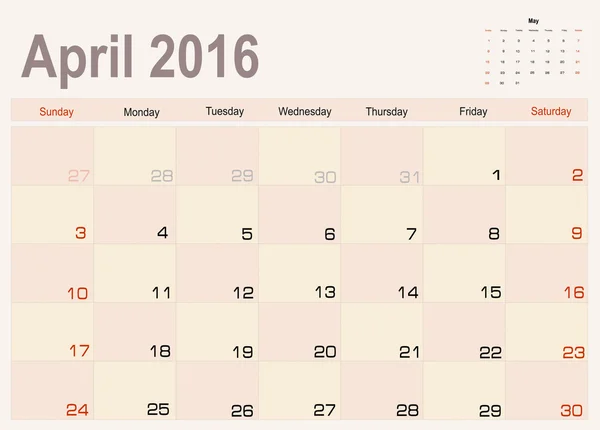 April Kalenderplaner 2016 — Stockvektor
