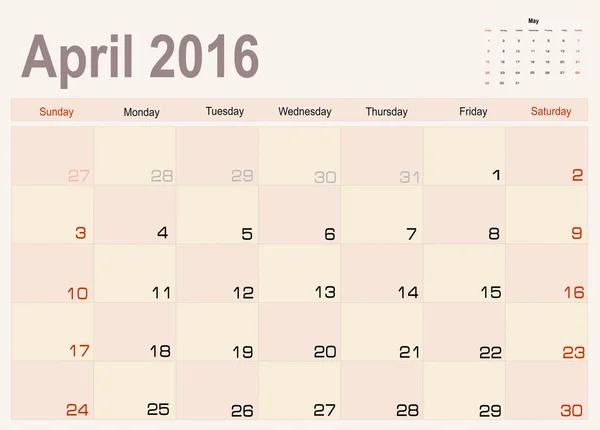 Calendario di aprile Planner 2016 — Vettoriale Stock