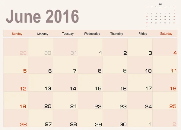 Planificador de calendario de junio 2016 — Vector de stock