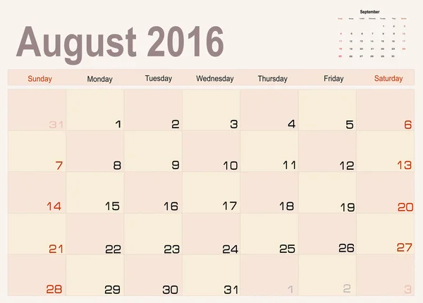 Planejador do calendário de agosto 2016 — Vetor de Stock