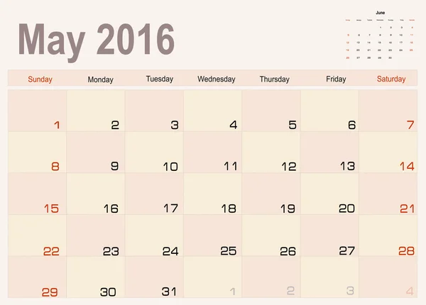 Pianificatore calendario maggio 2016 — Vettoriale Stock