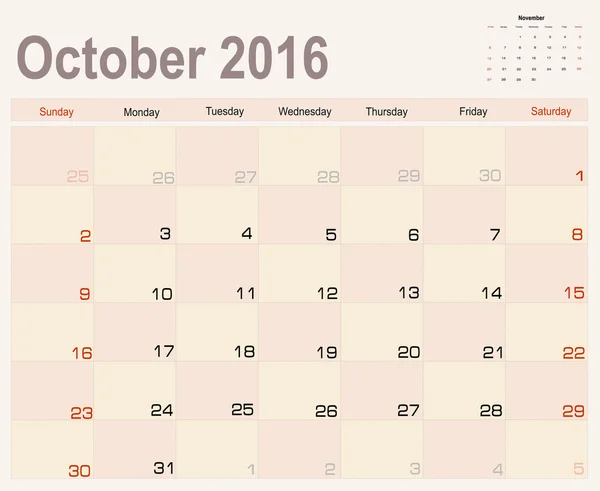 Calendrier d'octobre Planificateur 2016 — Image vectorielle