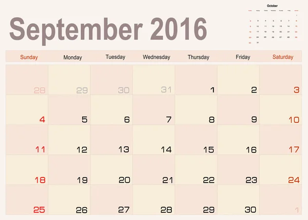 Planejador do calendário de setembro 2016 — Vetor de Stock