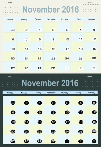 Planificador de calendario de noviembre 2016 — Archivo Imágenes Vectoriales