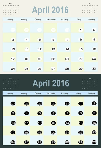 April Kalenderplaner 2016 — Stockvektor