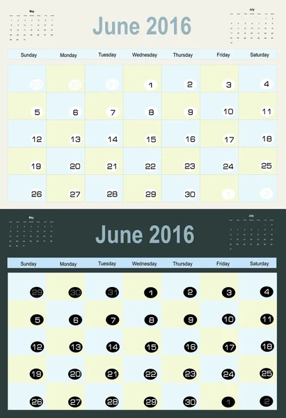 Calendario di giugno Planner 2016 — Vettoriale Stock