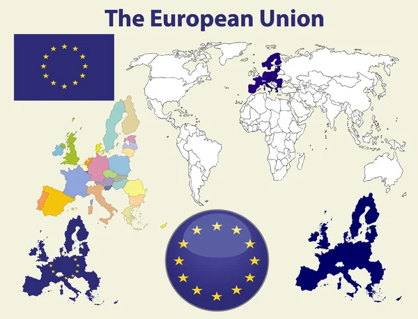 Iconos de la Unión Europea y mapa mundial — Vector de stock