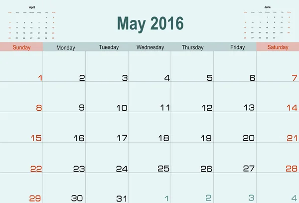 Planificador de calendario de mayo 2016 — Vector de stock