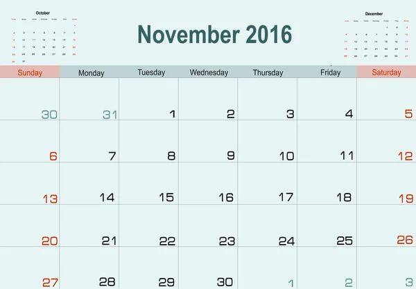 Planificador de calendario de noviembre 2016 — Archivo Imágenes Vectoriales