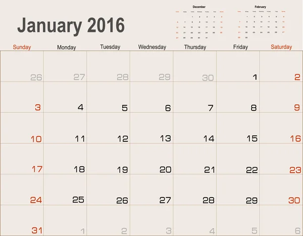 Pianificatore calendario gennaio 2016 — Vettoriale Stock