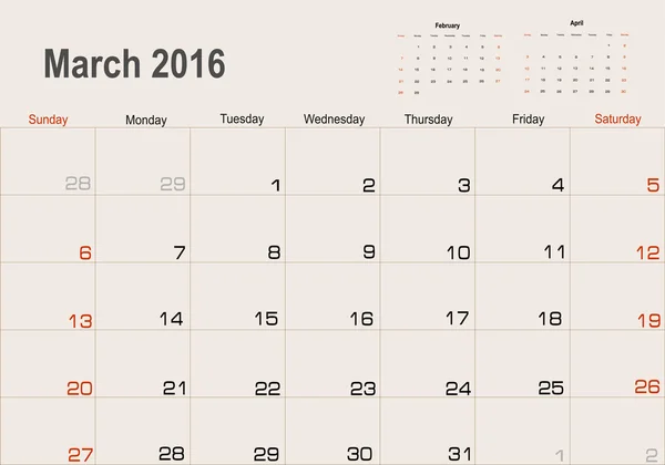 Calendario de marzo 2016 Planificador — Vector de stock
